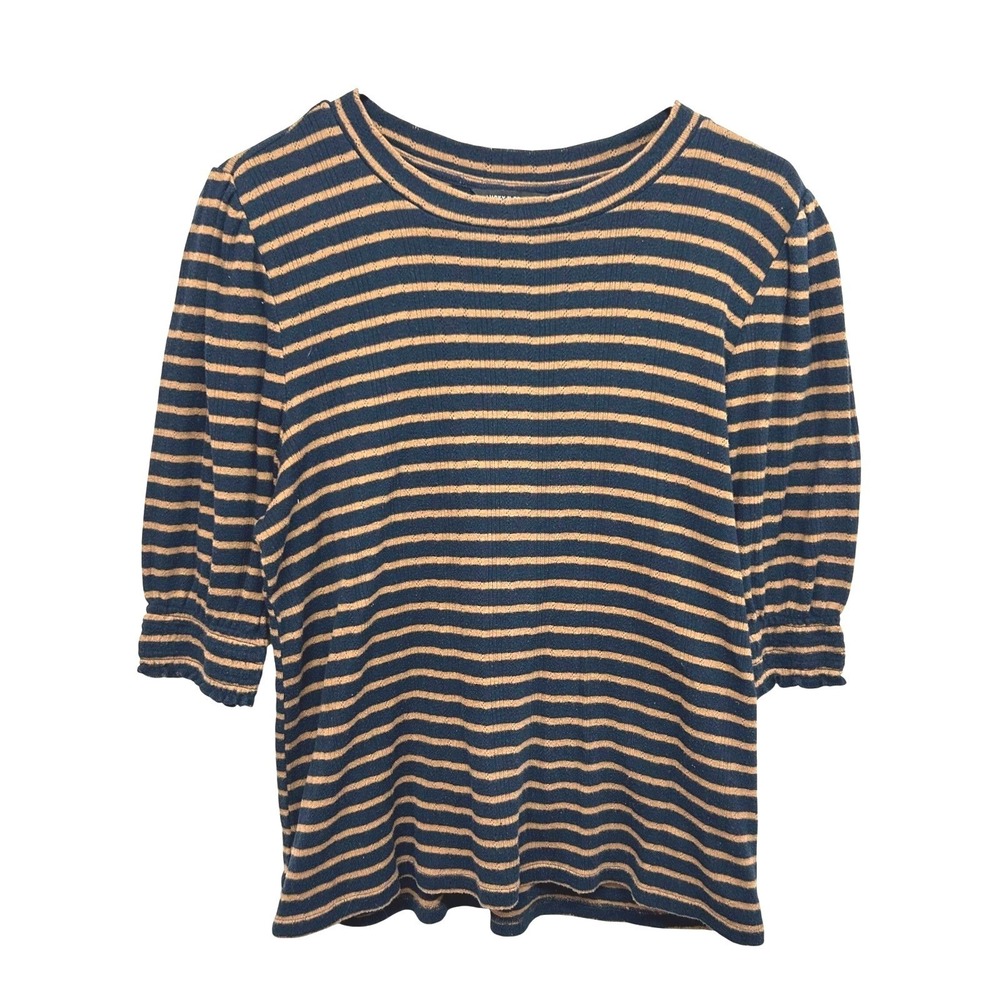 Lucky Brand Striped Ribbed Knit Top L‎ Navy Brown Modern Vintage Fall Chic